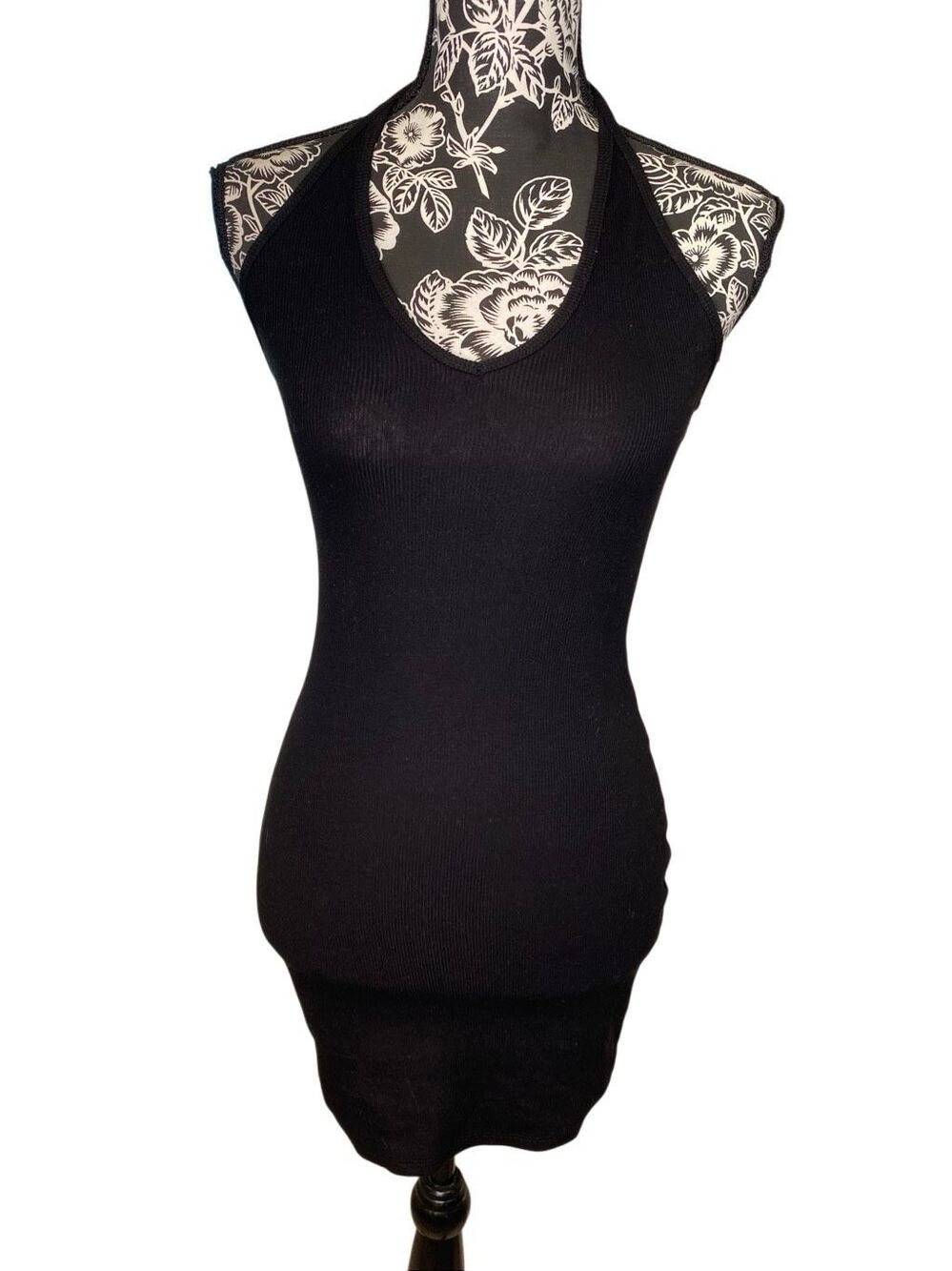 Black Ribbed Halter Sweater Knit Long Tunic Tank Top Y2K Stretch Layering Goth